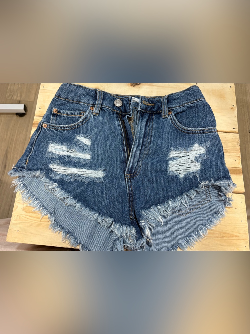 Garage Distressed High-Rise Frayed Denim Shorts - Blue